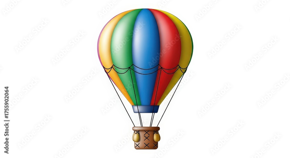 Fototapeta premium A vibrant, colorful hot air balloon with a wicker basket, isolated on a white background, ready for flight and adventure.