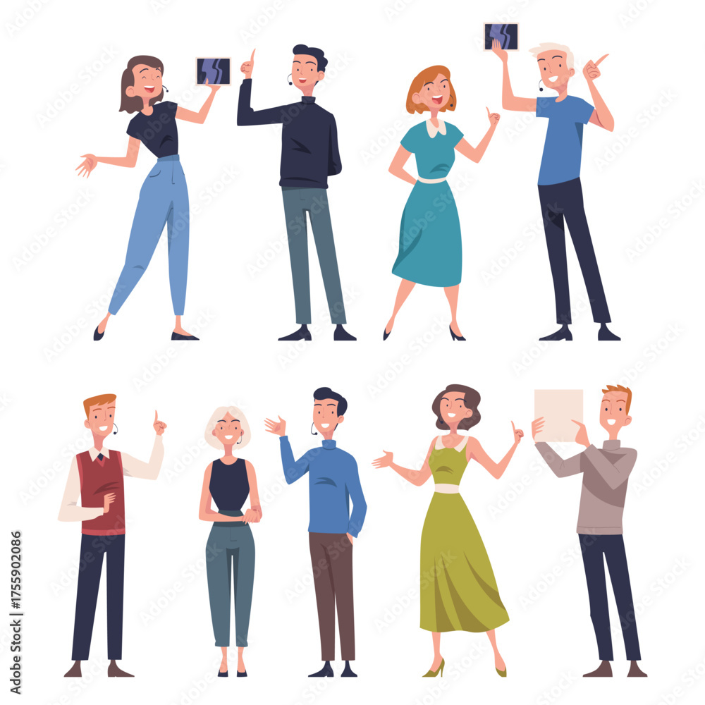 Obraz premium People Character Talking about Something Standing and Speaking Vector Set