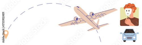 Airplane tracing dotted route to location pin, beside portrait of a person and car. Ideal for travel, planning, transportation, logistics, navigation, mobility global connectivity. Simple flat