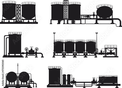 Industrial storage tanks, refinery equipment, oil and gas infrastructure, chemical plant containers, fuel tanks, factory pipeline system, engineering facility, petrochemical storage silos, 