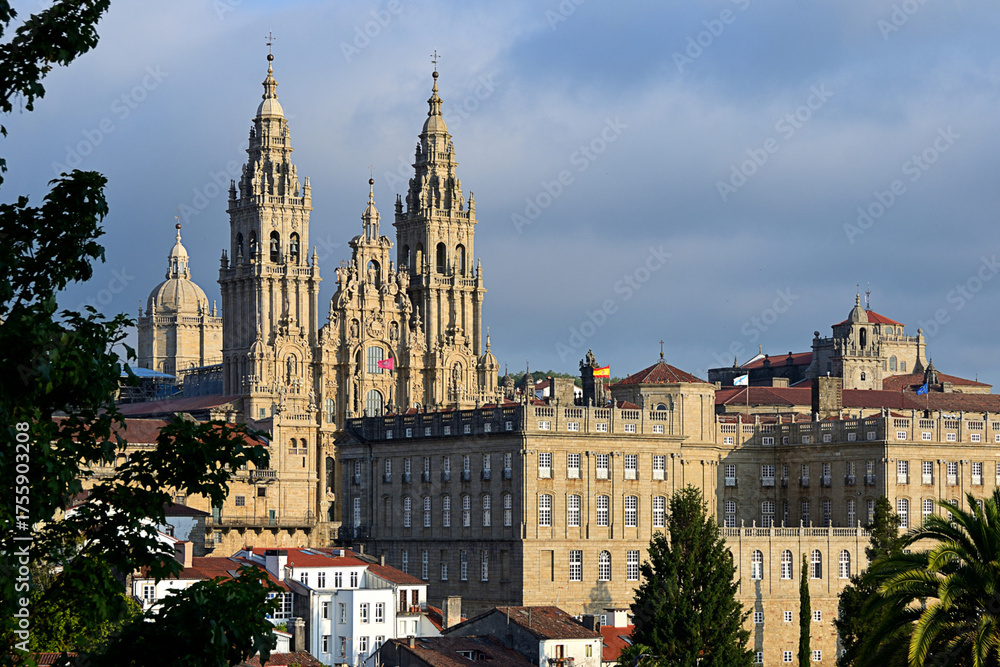 Fototapeta premium This impressive image captures the majesty of the Santiago de Compostela Cathedral as seen from the historic Plaza del Obradoiro