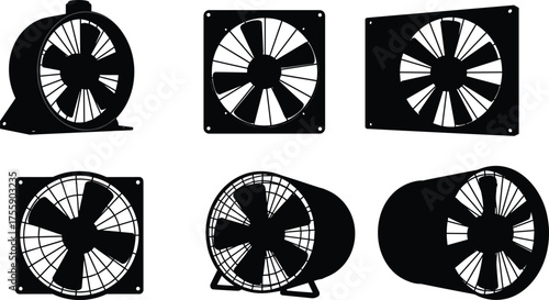 Axial and ventilation fan silhouettes with varied blade shapes, housing styles, and mounting designs for industrial HVAC vector illustration themes