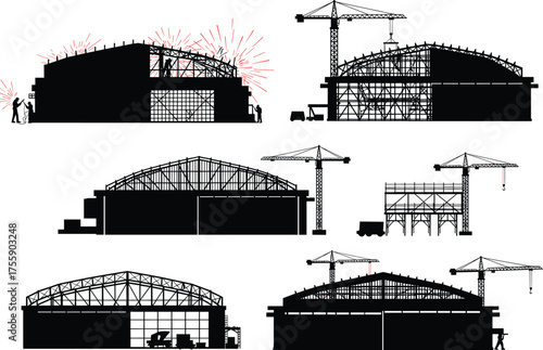 industrial building construction silhouette set, factory warehouse structure, crane and workers welding, steel frame architecture, engineering development site, black vector illustration 