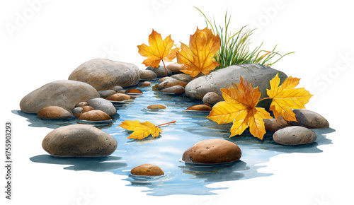 A serene stream features smooth stones and vibrant autumn leaves, creating a tranquil natural scene.
