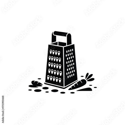 Minimalist black vector illustration of a grater with carrots and grated bits scalable eps icon vector illustration white background