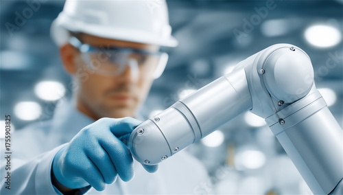 Engineer operating robotic arm in laboratory, concept of automation, artificial intelligence and industry innovation.