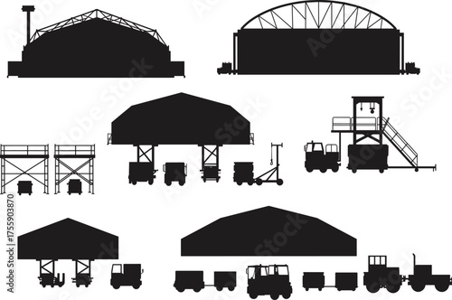 Industrial warehouse and logistics icons set with trucks, cargo, loading docks, buildings, forklifts, scaffolding, transport equipment, and airport ground service vehicles