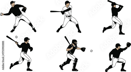 Baseball players silhouette vector illustration with pitcher, batter, catcher, fielder in action poses, sports design, American game, athletic competition artwork
