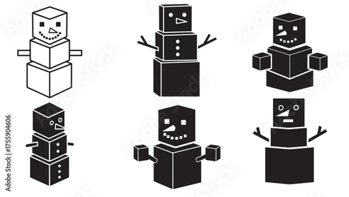 Cubist Snowman Silhouette Set Built from Stacked Squares with Triangle Nose Notch, Bold Black Geometric Winter Icon for Holiday Cards and Kids Themes
