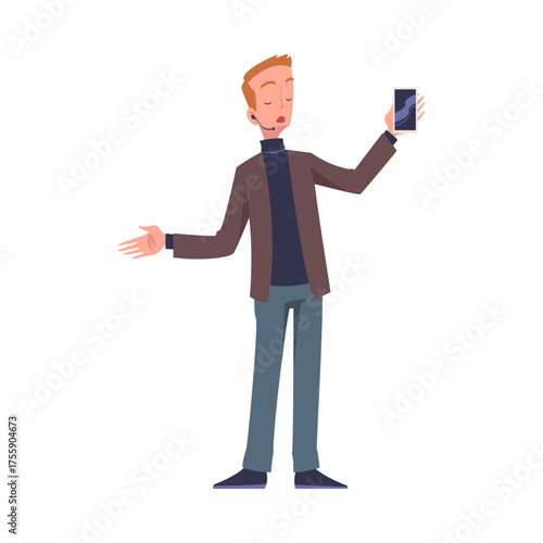 Man Character Talking about New Smartphone Standing and Speaking Vector Illustration