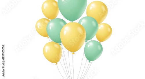 A bunch of yellow and green balloons on a white background.