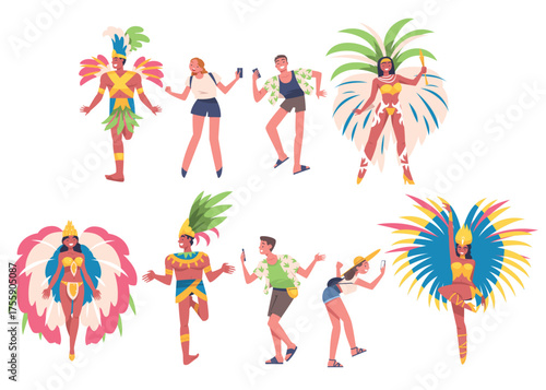 People at Brazilian Carnival Dressed Colorful Feather Outfit Dancing Vector Set