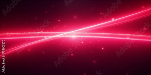 Abstract glowing red light trails crossing in a dark cosmic background with small particles