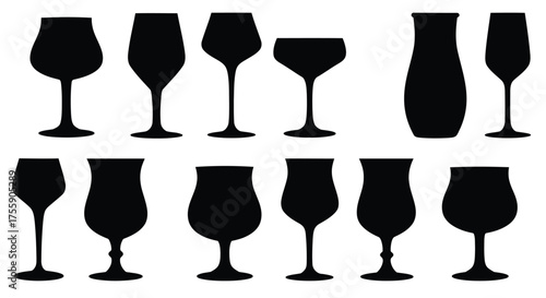 Collection of various wine and champagne glasses and a vase silhouette isolated on white background