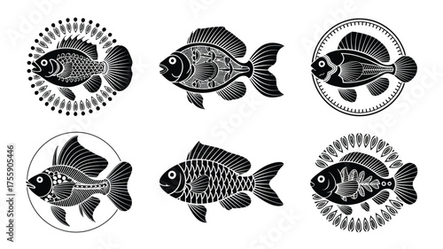 Set of six black silhouette goldfish illustrations vector graphics for download eps format vector illustration white background