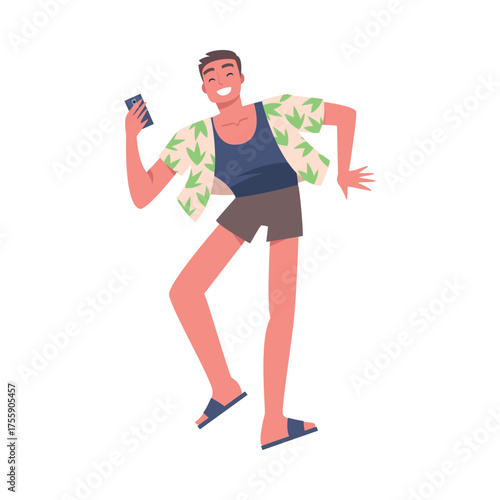 Man Tourist with Smartphone at Brazilian Carnival Dancing Vector Illustration