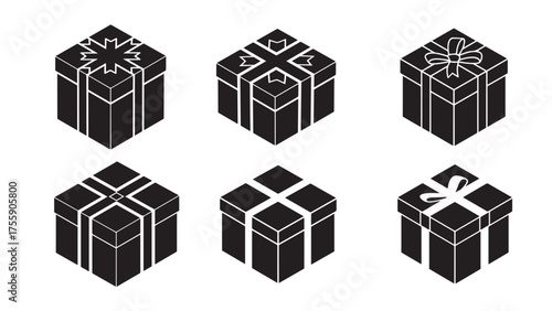 Isometric Gift Box Silhouette with Negative-Space Ribbon Cross, Minimal Black Icon for Holiday, Shopping, and Packaging Themes