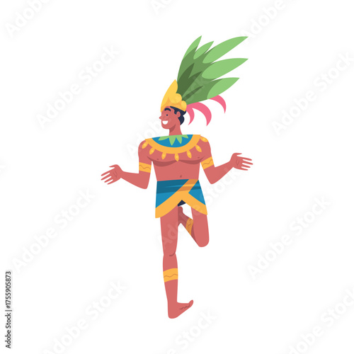 Man Dancer at Brazilian Carnival Dressed in Colorful Feather Outfit Dancing Vector Illustration