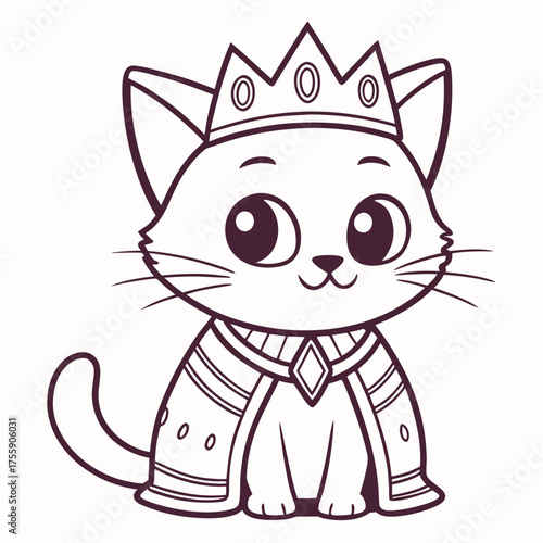 Cute cartoon royal cat with majestic crown and cape, an enchanting outline illustration for kids' coloring pages, activities, and playful graphic design projects
