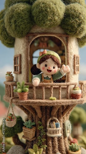 Handcrafted dollhouse with adorable character welcoming from balcony