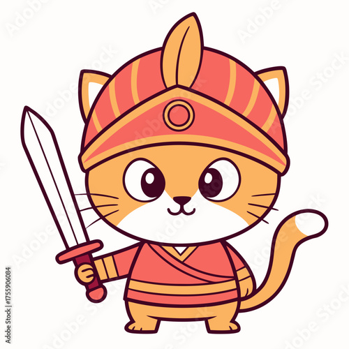 Charming Cartoon Cat Warrior in Traditional Attire Holding a Sword, Playful and Brave Character Illustration