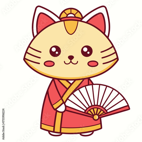A whimsical cartoon illustration of a cute cat wearing traditional Chinese imperial robes and holding a delicate hand fan