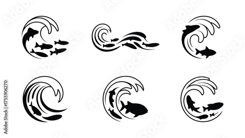 Set of six black silhouette illustrations of waves with fish scalable vector graphics for eps format vector illustration white background