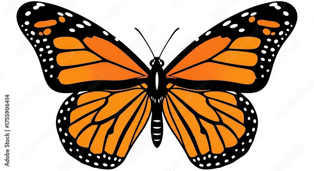 Fototapeta premium A vibrant orange and black monarch butterfly with white spots on its wings, depicted in a clear, top-down view.