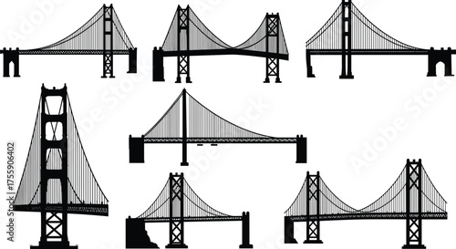 Collection of seven suspension bridge silhouettes with towers, cables, roadways, architectural design, engineering structure, urban landmark vector illustration design