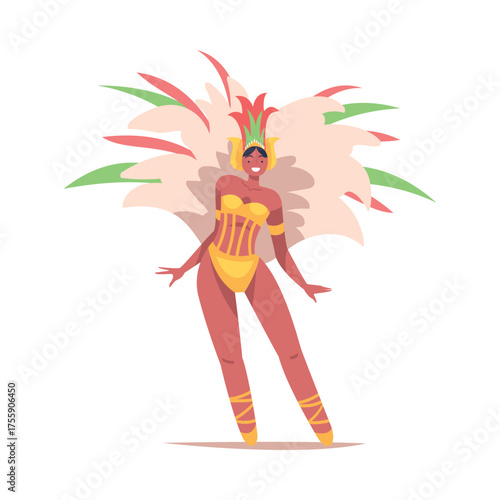 Woman Dancer at Brazilian Carnival Dressed in Colorful Feather Outfit Dancing Vector Illustration