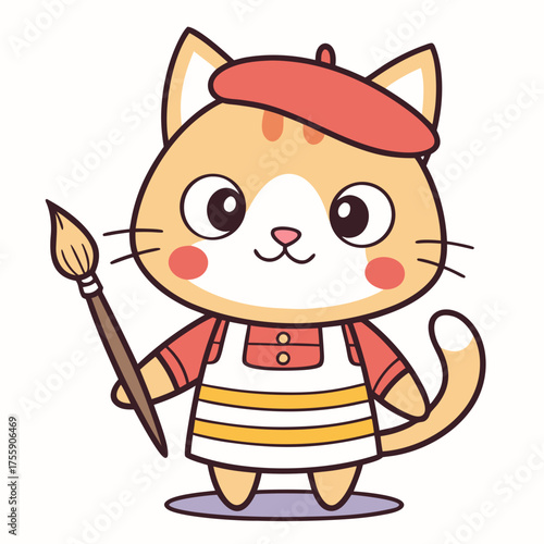 Wallpaper Mural Cute cartoon cat artist wearing a beret and apron, holding a paintbrush, ready to create art Torontodigital.ca