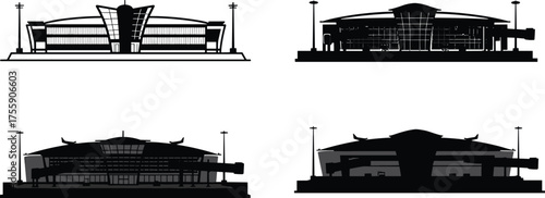 Modern airport terminal silhouettes illustration, international aviation building vector set, global transportation hub design, black and white 
