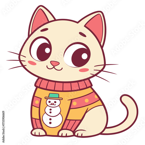 An adorable cartoon cat character sitting happily in a cozy yellow Christmas sweater adorned with a cheerful snowman design