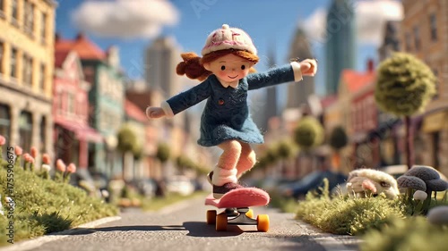 Toy figure on skateboard performing trick along city street during daytime