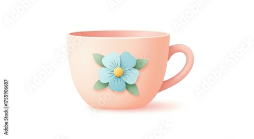 A charming light pink ceramic cup adorned with a delicate light blue flower and green leaves, isolated on a white background.