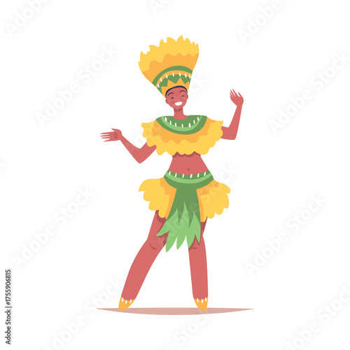 Man Dancer at Brazilian Carnival Dressed in Colorful Feather Outfit Dancing Vector Illustration
