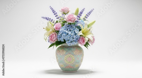 A beautiful floral arrangement of pink roses, blue hydrangeas, and yellow lilies in a decorative vase on a white background.