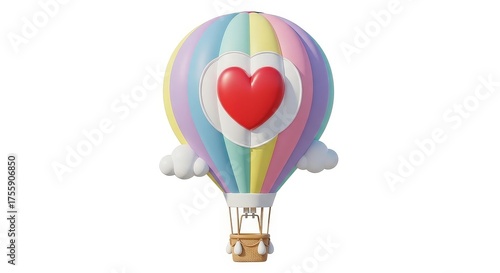 A whimsical hot air balloon with a large red heart emblem, adorned with pastel rainbow colors and fluffy clouds.