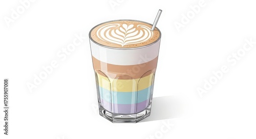 A colorful rainbow layered latte with intricate foam art in a tall glass with a straw, isolated on a white background.