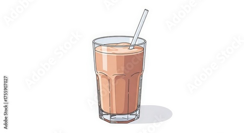 A tall glass of chocolate milkshake with a white straw, depicted in a clean, illustrated style on a white background.