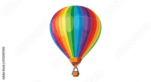 A vibrant hot air balloon with rainbow stripes, featuring a colorful envelope and a small basket, set against a clean white background.