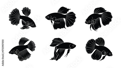 Six black betta fish silhouettes vector illustration scalable eps graphic design elements vector illustration white background
