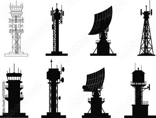 Silhouette and Line Art of Communication Towers, Radar Antennas, and Air Traffic Control Structures for Technology, Aviation, and Telecommunication Infrastructure Design and Engineering Projects