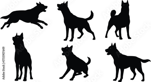 Dog silhouettes vector illustration showing pets in various poses including sitting, standing, barking, leaping, domestic animals, pet behavior, canine artwork
