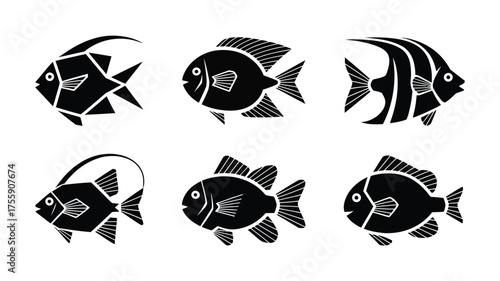 Vector illustration set six stylized black fish silhouettes scalable eps for aquatic designs vector illustration white background
