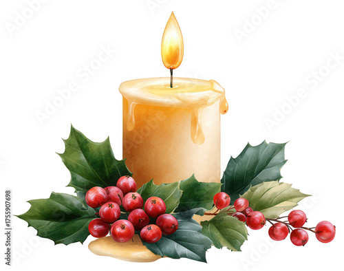 A lit candle surrounded by holly leaves and red berries, creating a warm and festive atmosphere.