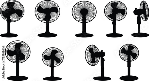 Electric fan silhouettes collection with various blade styles, grill designs, and stand types for industrial, household, and vector illustration themes