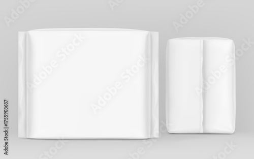 Packaging bag mockup. Front and side views. Vector illustration isolated on grey background. Ready for your design. Suite for the presentation of pads, pantyliners, wipes, etc. EPS10.