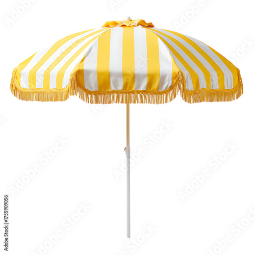 Stylish yellow and white striped beach umbrella isolated on transparent background