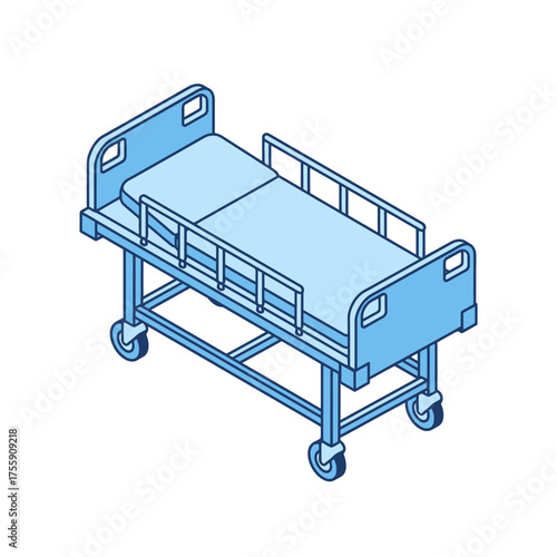 Isometric illustration of a light blue hospital bed with wheels and railings.